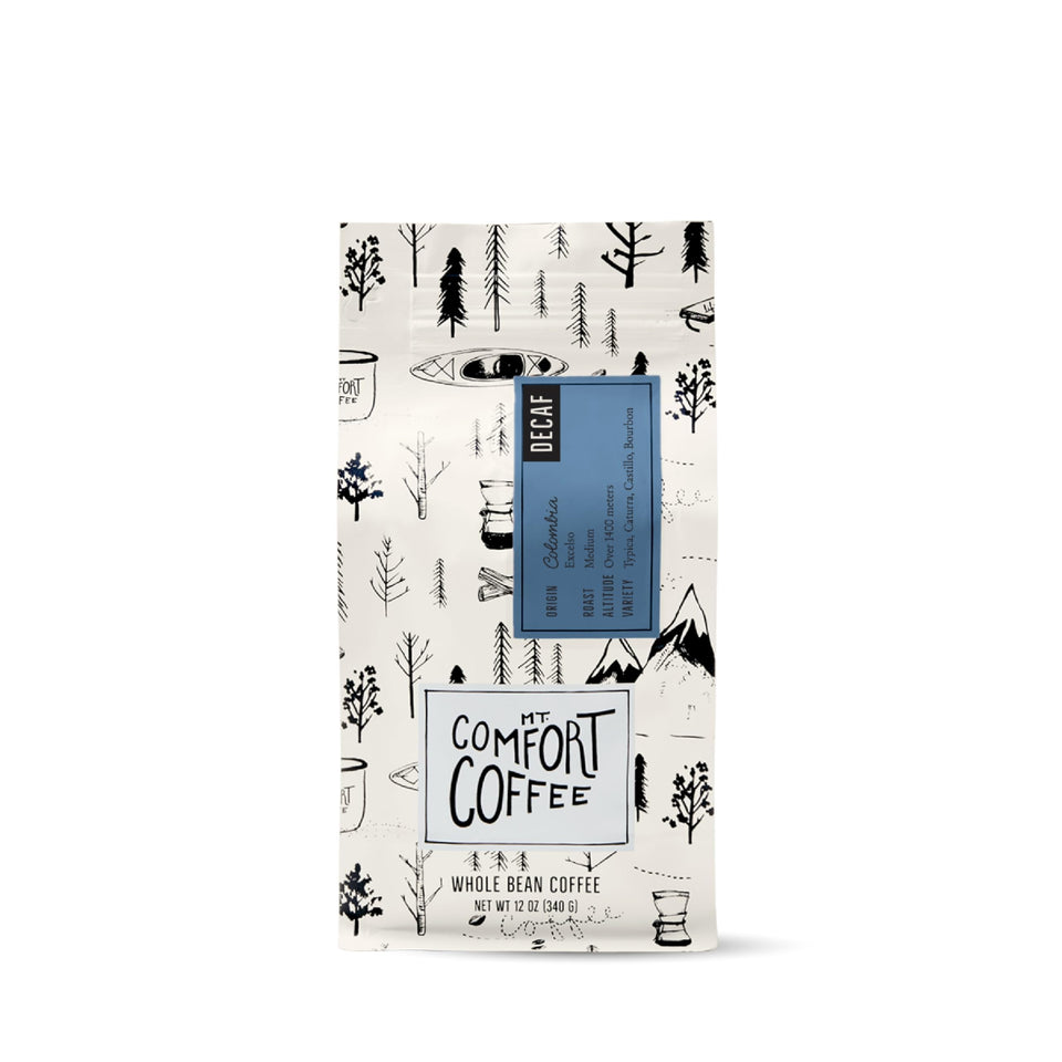 Mt. Comfort Coffee Decaf Colombia bag highlighting premium origin from small farms.