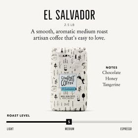 Mt. Comfort Coffee El Salvador beans close-up, showcasing glossy roast and aroma.