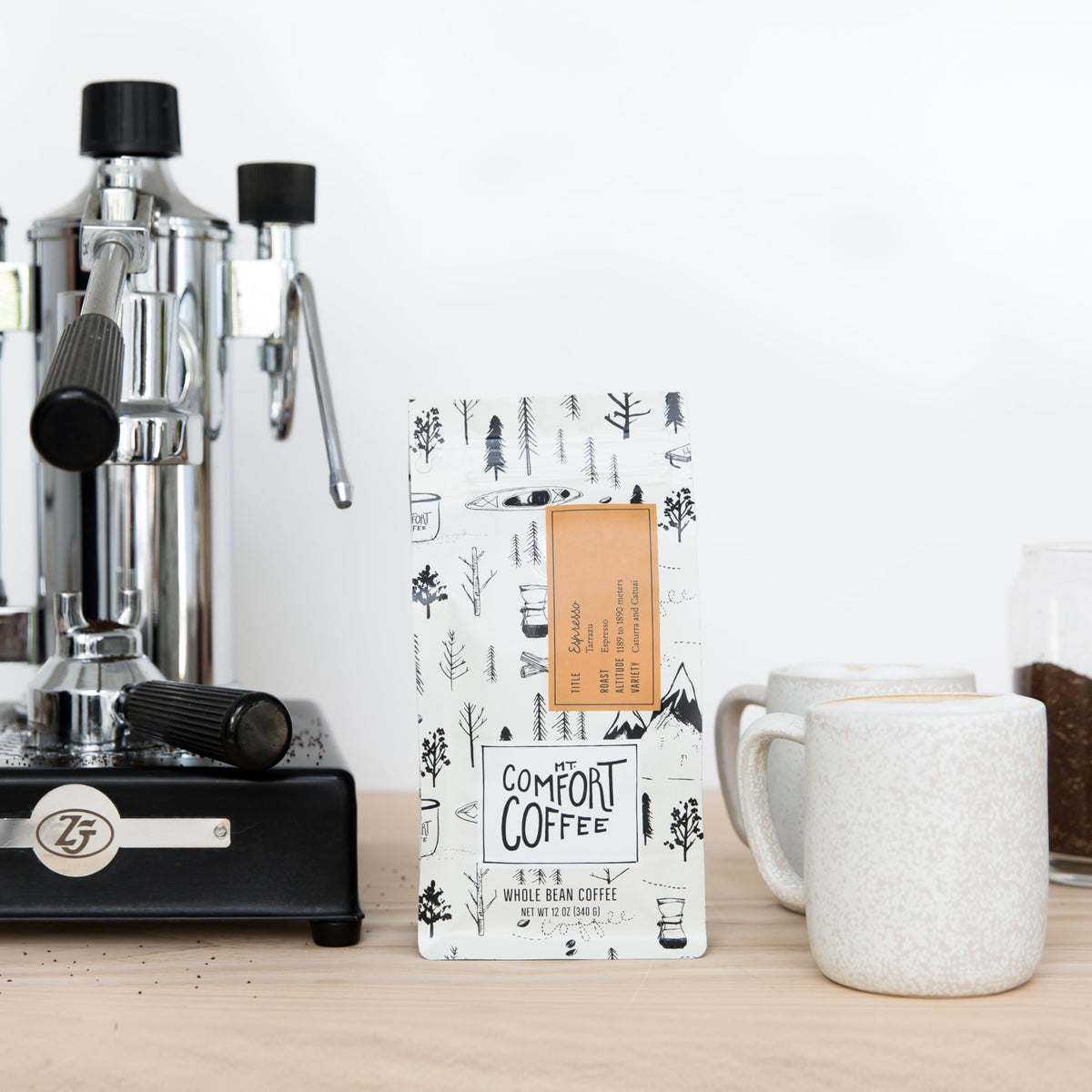 Mt. Comfort Coffee Espresso Roast packaging front signaling fresh whole beans.