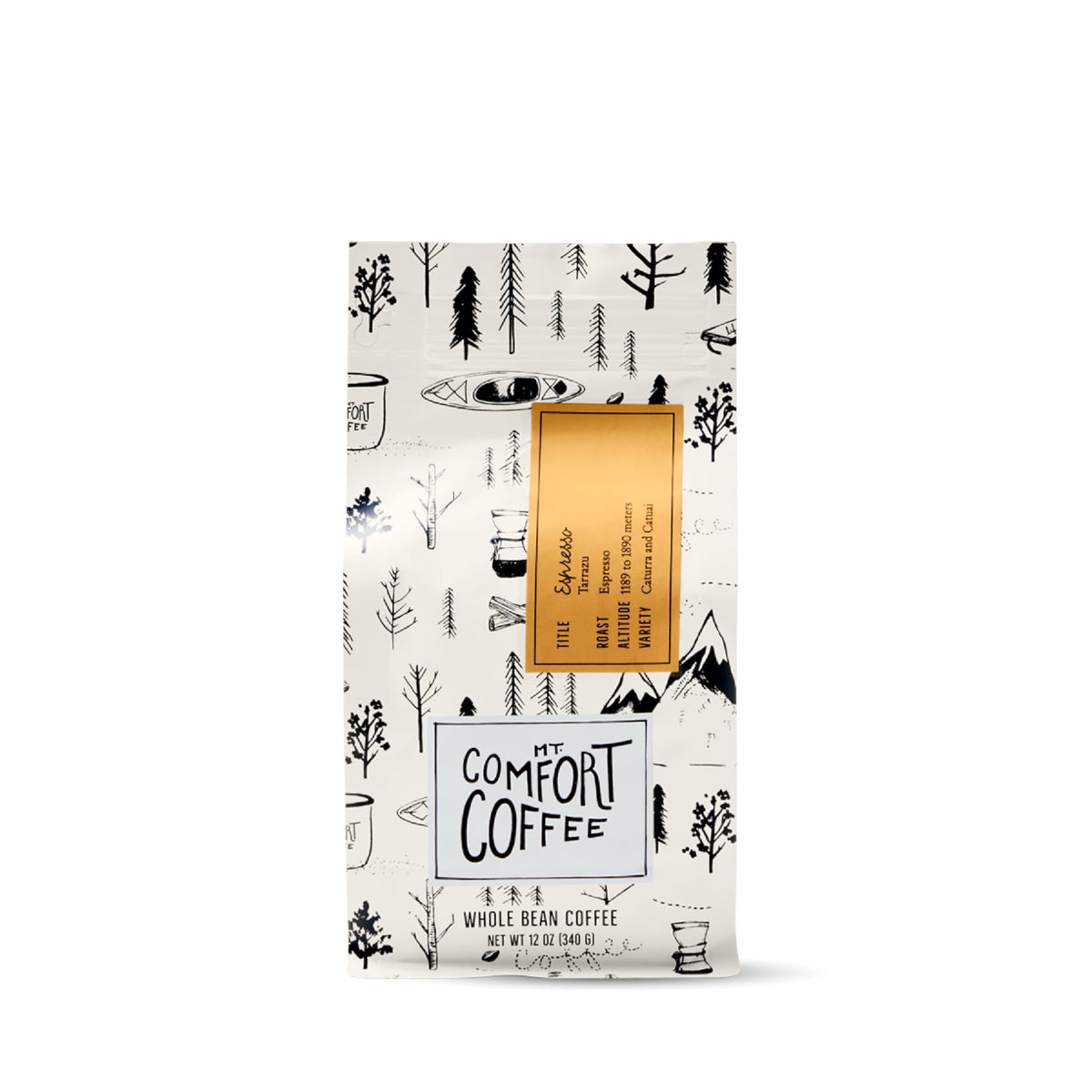 Mt. Comfort Coffee Espresso Roast whole beans ready for grinding and brewing.