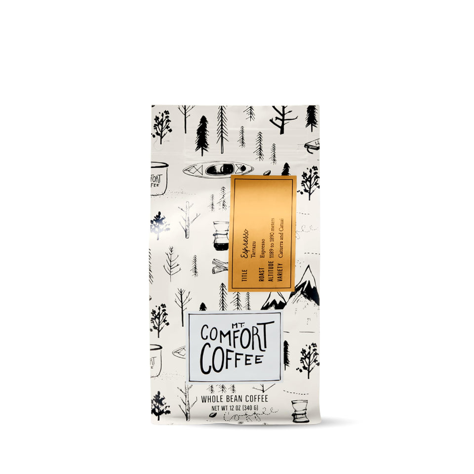 Mt. Comfort Coffee Espresso Roast whole beans ready for grinding and brewing.