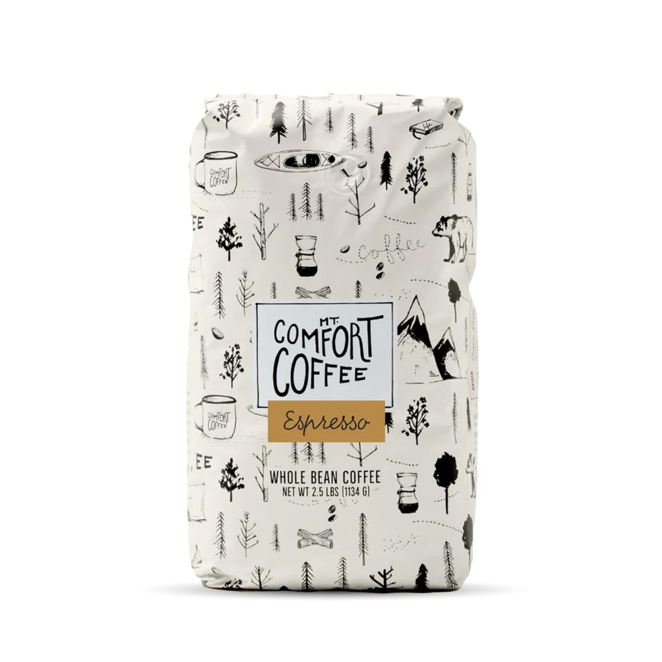 Mt. Comfort Coffee Espresso Roast whole beans for bold espresso flavor.