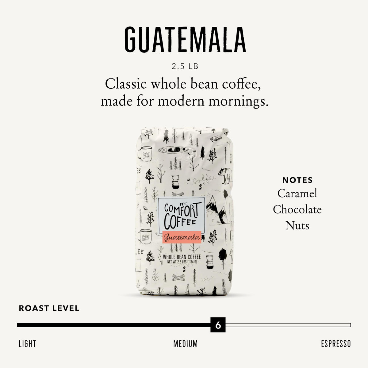 Mt. Comfort Guatemala whole-beans closeup highlighting premium quality for home grinding.