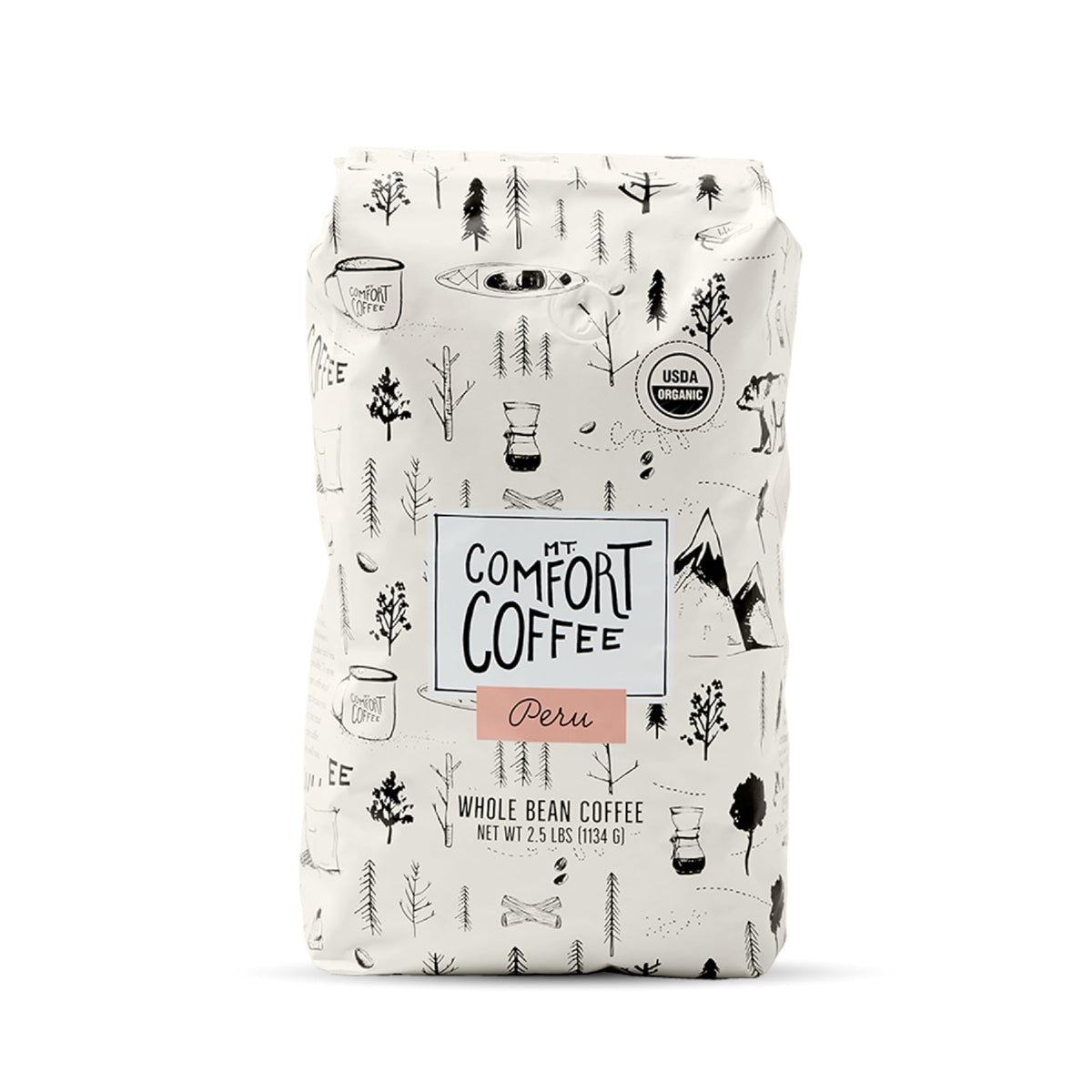Mt. Comfort Coffee Organic Peru Medium Roast bag front shows fresh whole beans for aroma.