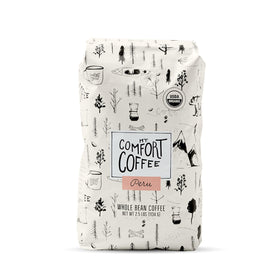 Mt. Comfort Coffee Organic Peru Medium Roast bag front shows fresh whole beans for aroma.