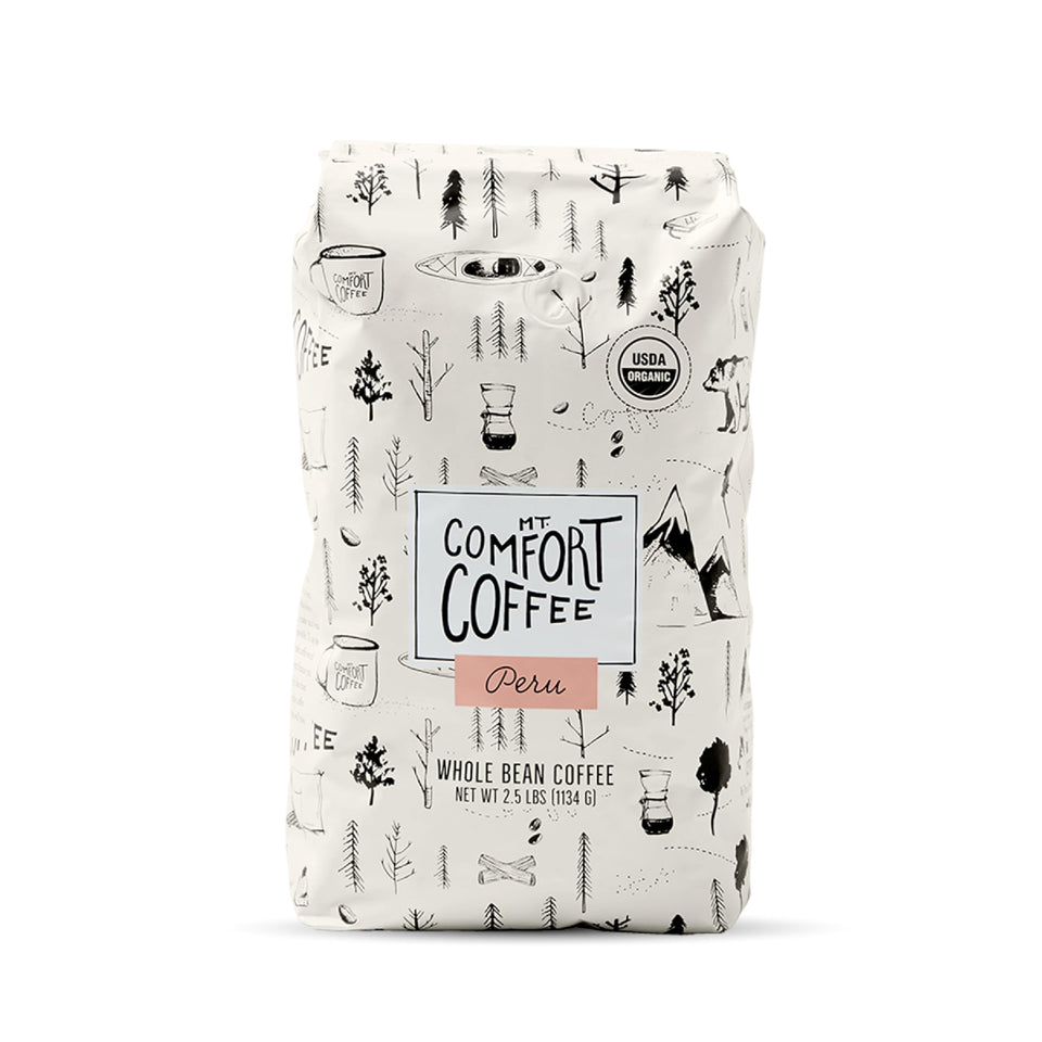Mt. Comfort Coffee Organic Peru Medium Roast bag front shows fresh whole beans for aroma.