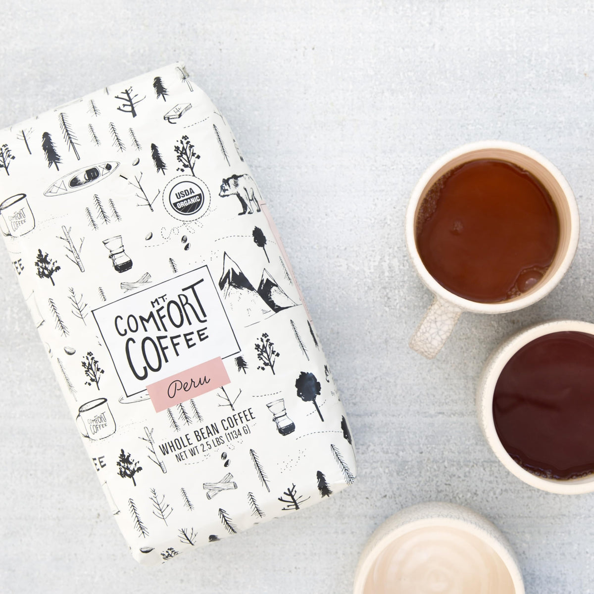 Brewed cup of Mt. Comfort Coffee Organic Peru shows balanced flavor.