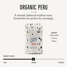 Mt. Comfort Coffee Organic Peru Medium Roast whole beans closeup reveals rich aroma.