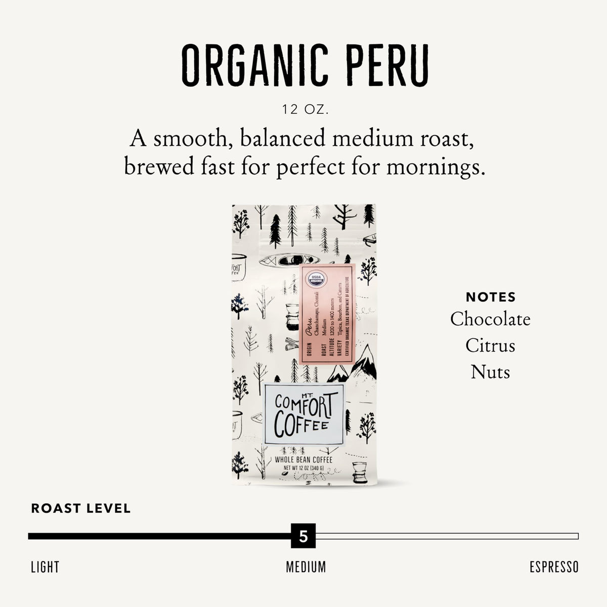 Mt. Comfort Coffee Peru Medium Roast aroma steam highlighting inviting fragrance for brewing