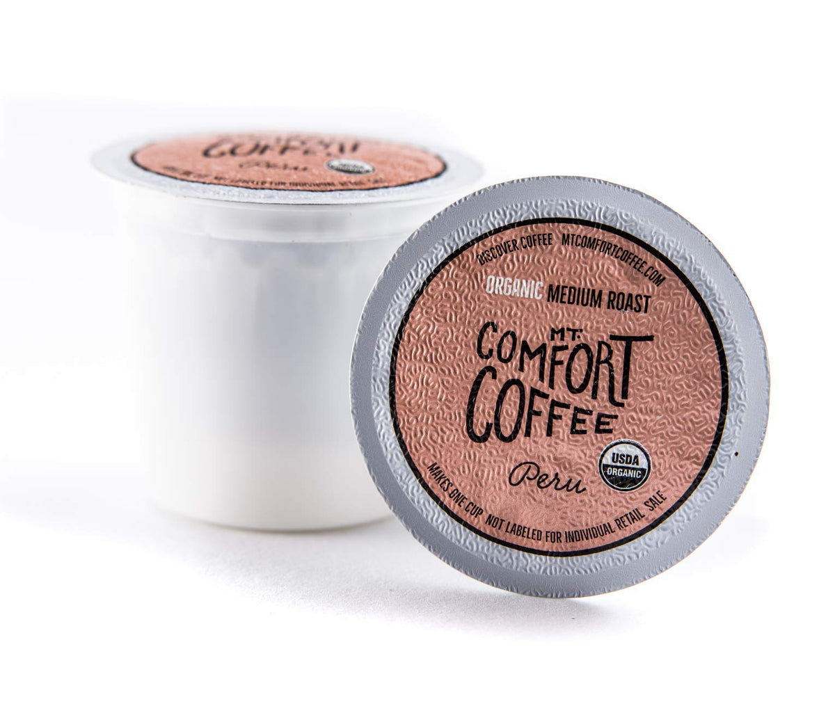 Steaming cup reveals Mt. Comfort Peru Medium Roast's nutty and citrus notes