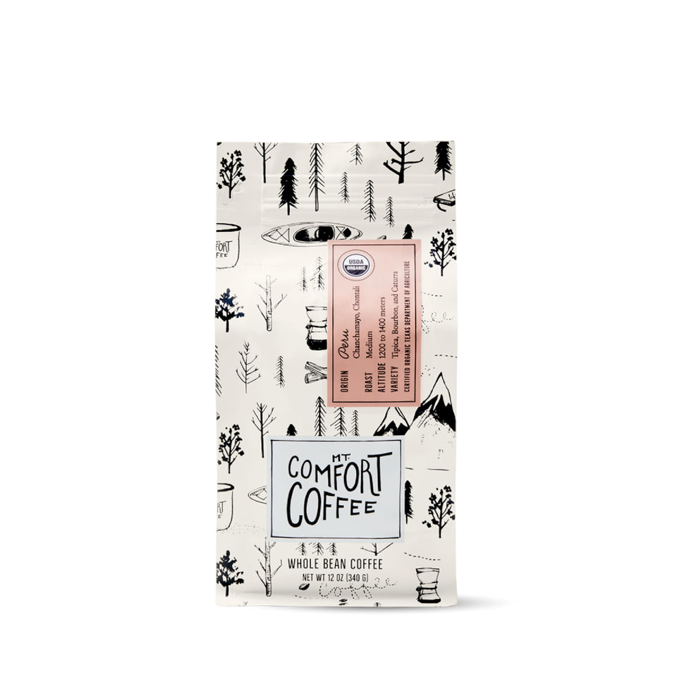 Mt. Comfort Coffee Peru Medium Roast packshot shows premium whole beans for rich flavor