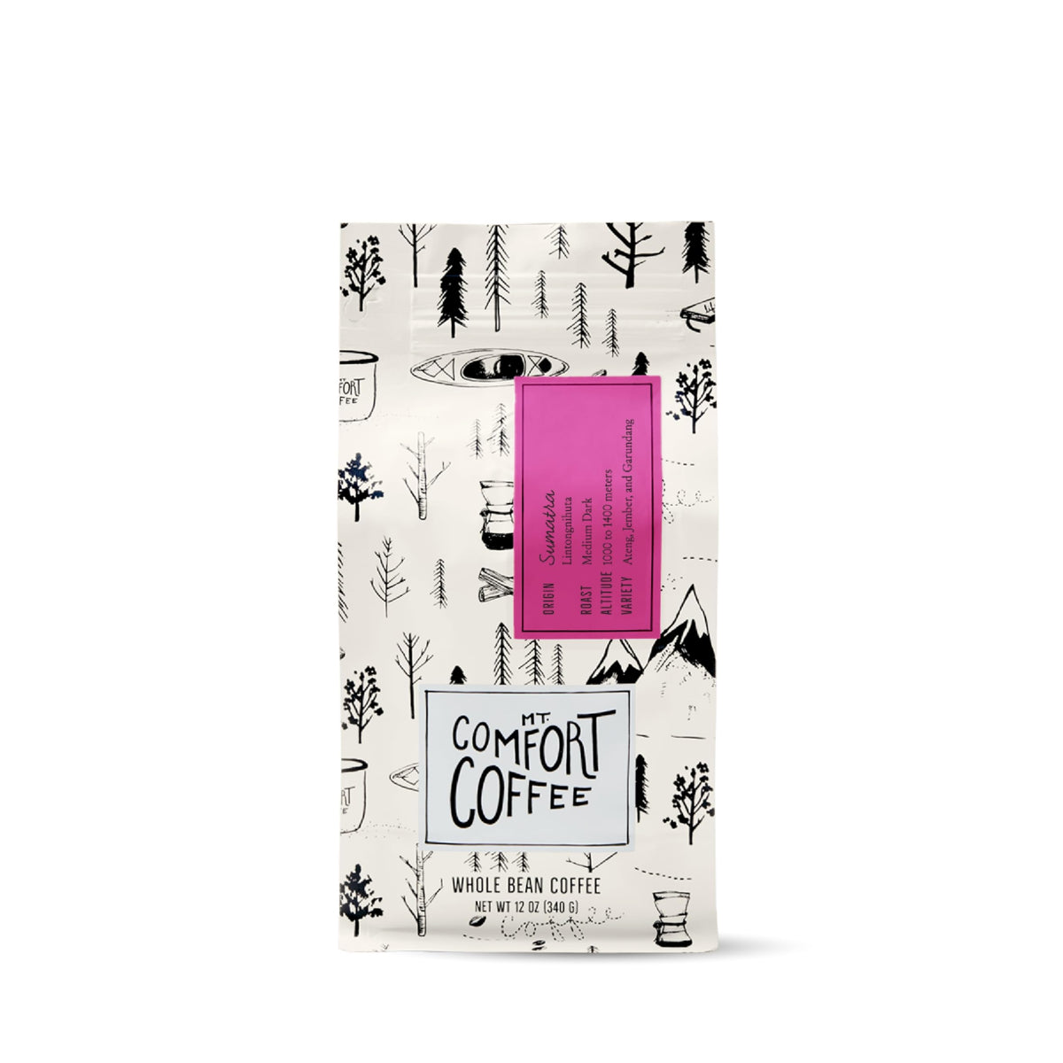 Mt. Comfort Coffee Sumatra whole bean bag showing rich aroma and inviting packaging