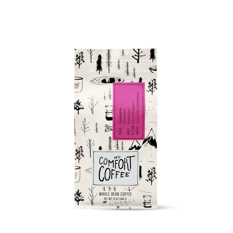 Mt. Comfort Coffee Sumatra whole bean bag showing rich aroma and inviting packaging