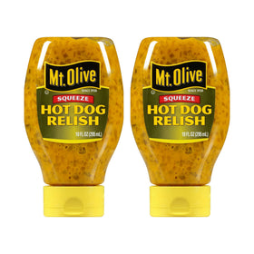 Mt. Olive hot dog relish squeezable pack on plate for quick meals.