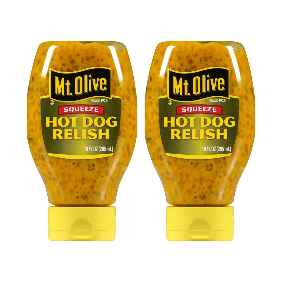 Mt. Olive hot dog relish squeezable pack on plate for quick meals.