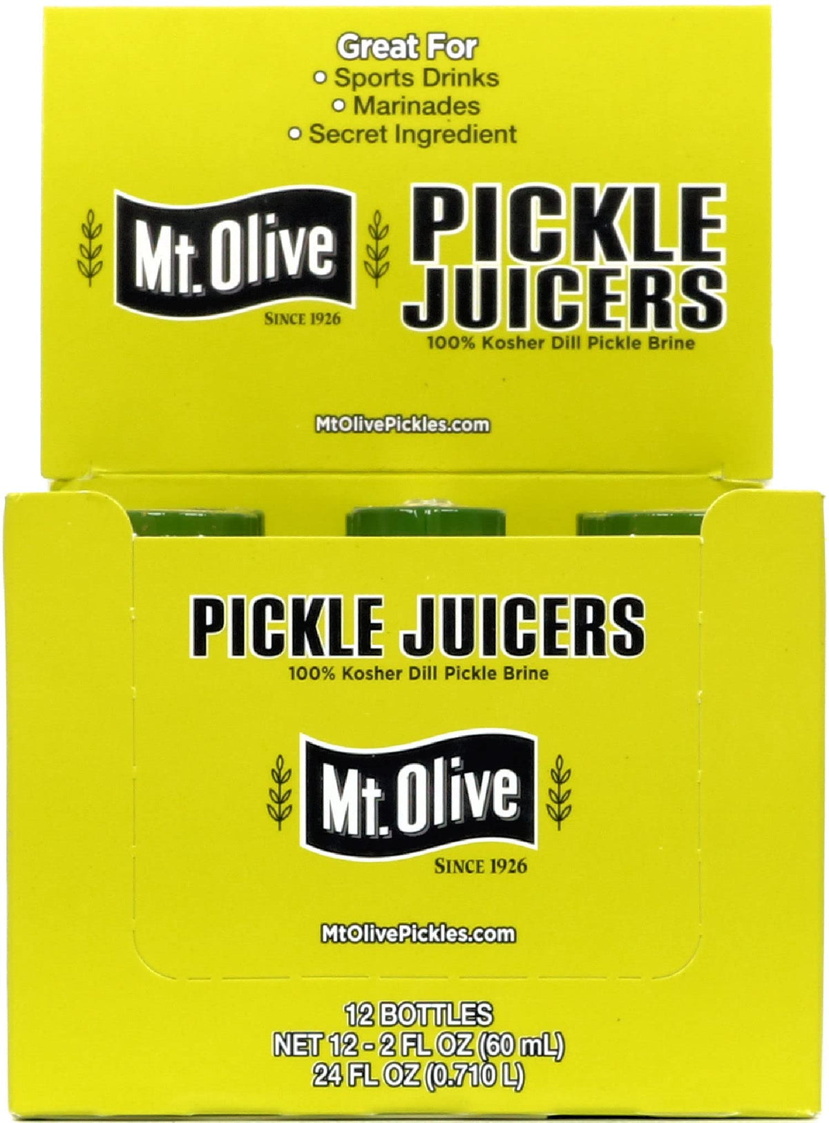 Mt. Olive Kosher Dill Brine jar closeup highlighting vibrant briny flavor.
