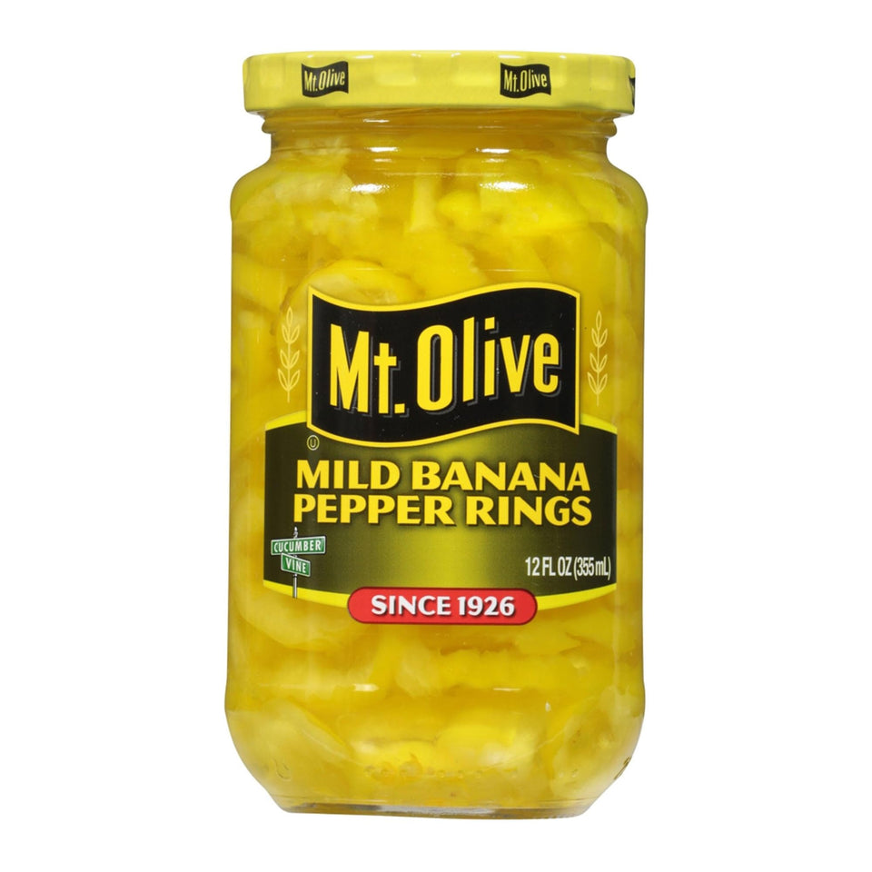 Mt. Olive Mild Banana Pepper Rings 12 oz jar, 3-pack, crisp slices ideal for pizzas.