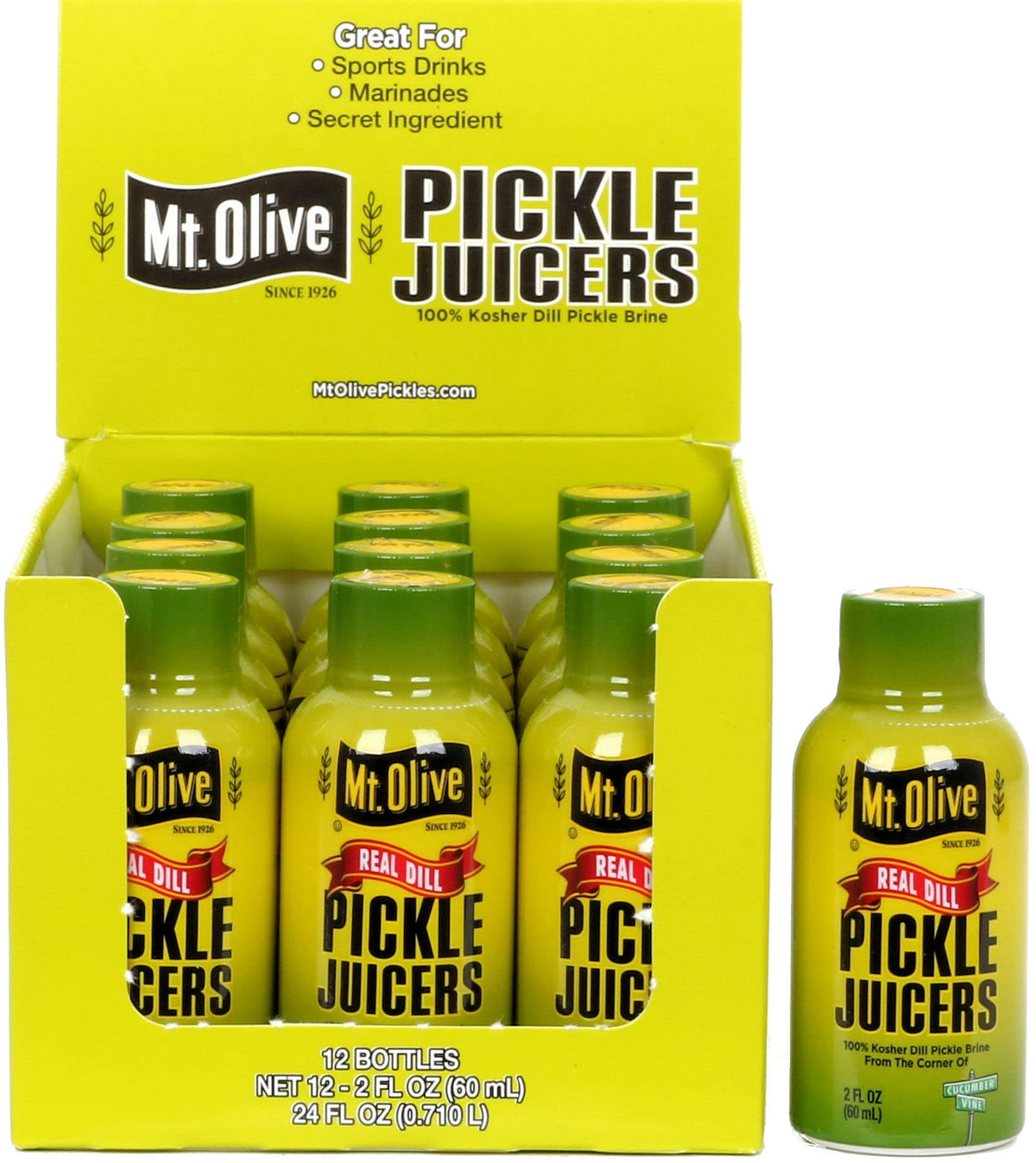 Mt. Olive Pickle Juice 2oz bottle—quick flavor boost for drinks and marinades.