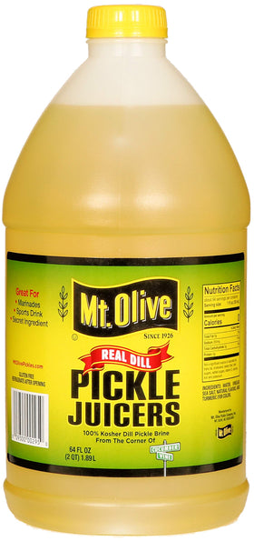 Mt. Olive pickle juice 64 oz bottle pour showcasing brine for cocktails
