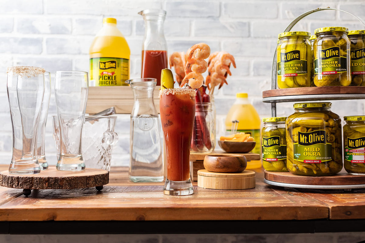 Mt. Olive pickle juice used as a dressing or dip accompaniment