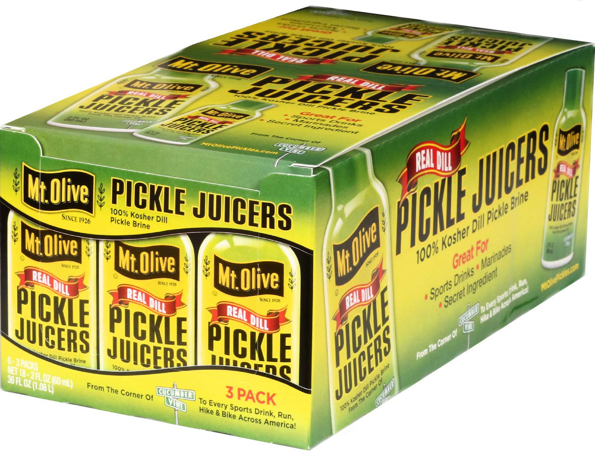 Mt. Olive Pickle Juicers Kosher Dill Brine 18-pack ready for pantry use.