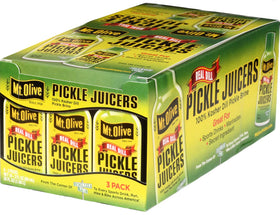 Mt. Olive Pickle Juicers Kosher Dill Brine 18-pack ready for pantry use.