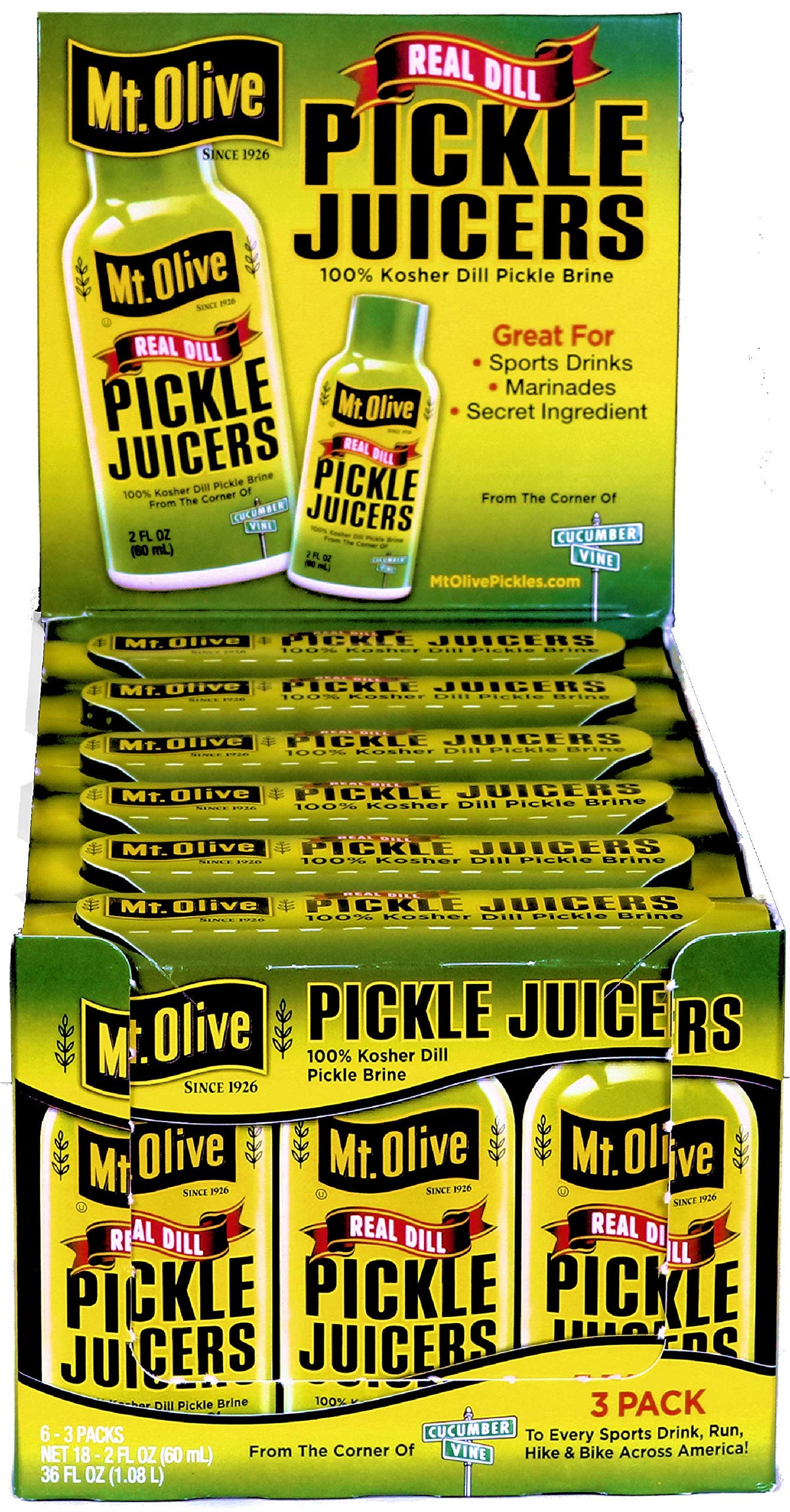 Mt. Olive Pickle Juicers Kosher Dill Brine bottle shows tangy flavor for marinades.