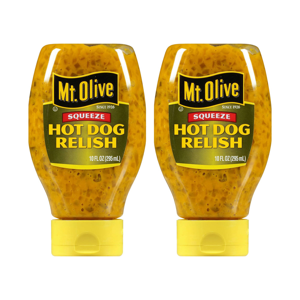 Mt. Olive relish squeeze bottle close-up, ideal for burgers and hot dogs.