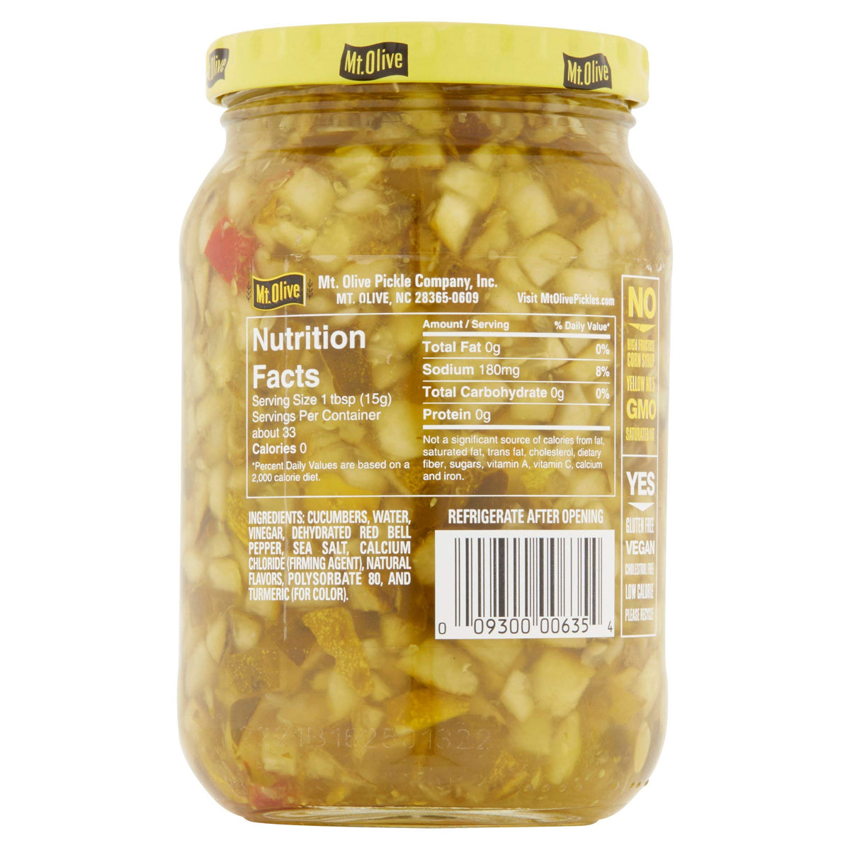 Close-up of Mt. Olive Relish jar texture ideal for burgers and hot dogs.