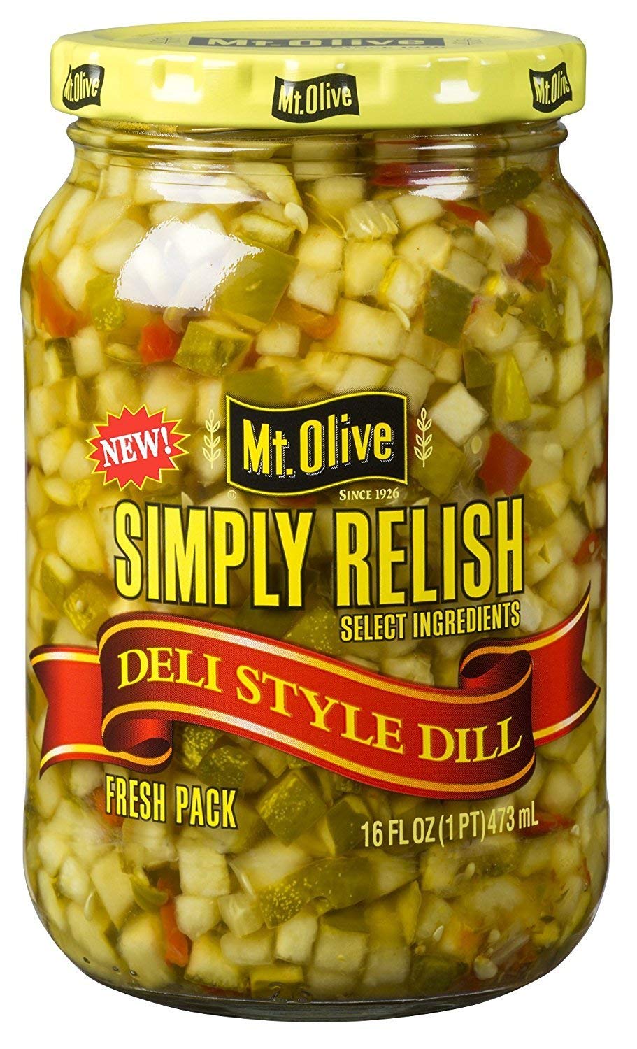 Mt. Olive Simply Relish Deli Style Dill jar front view for bold sandwich flavor.