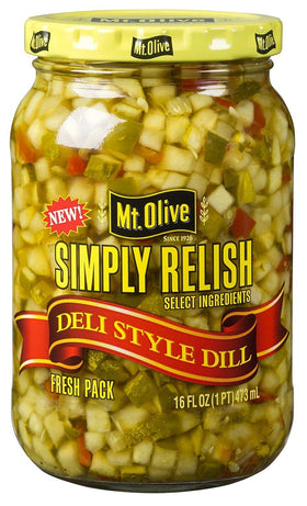 Mt. Olive Simply Relish Deli Style Dill jar front view for bold sandwich flavor.