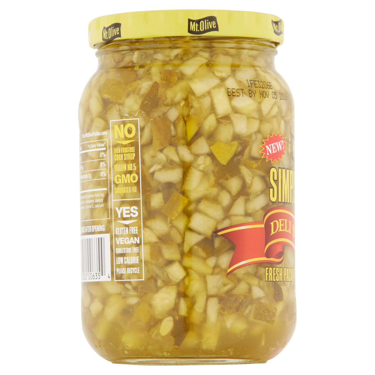Mt. Olive Simply Relish Deli Style Dill jar label shows ingredients and tangy dill for quick toppings.
