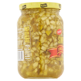 Mt. Olive Simply Relish Deli Style Dill jar label shows ingredients and tangy dill for quick toppings.