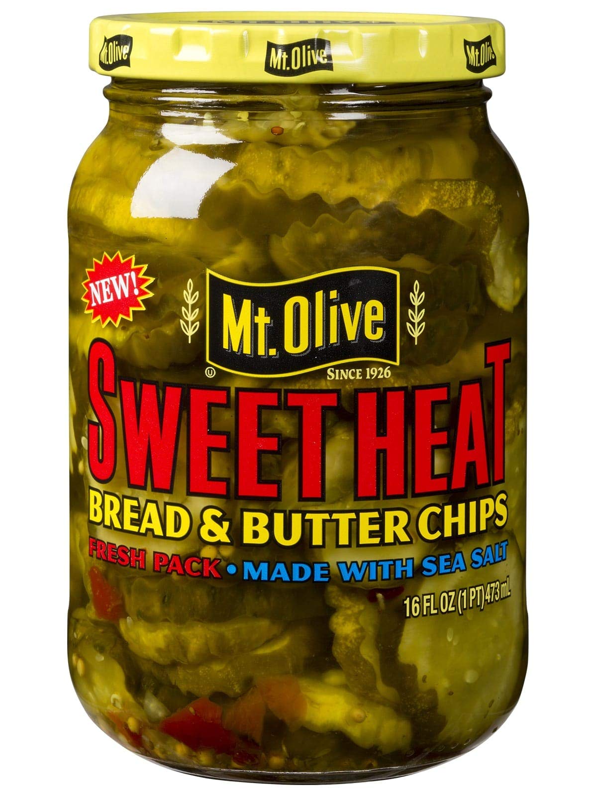 Mt. Olive SweetHeat bread and butter chips jar - crunchy tangy flavor for snacks and sandwiches