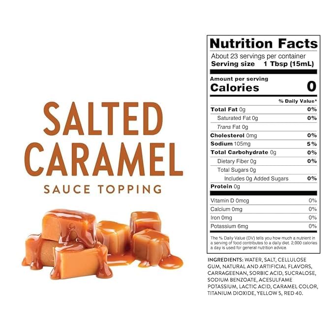 MT&L Salted Caramel Syrup drizzle over dessert highlights keto-friendly, zero-calorie option