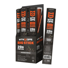 MTN OPS Big Stick cracked pepper pack shown for on-the-go protein snacks.