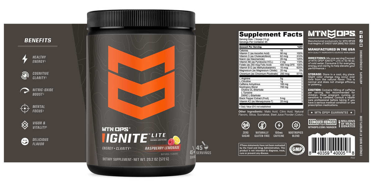 Full 45-serving tub of MTN OPS Ignite Lite on counter