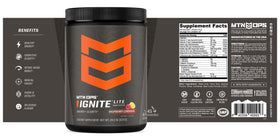 Full 45-serving tub of MTN OPS Ignite Lite on counter