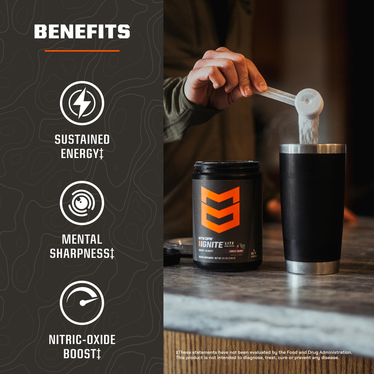 Gluten-free and zero sugar label on MTN OPS Ignite Lite packaging