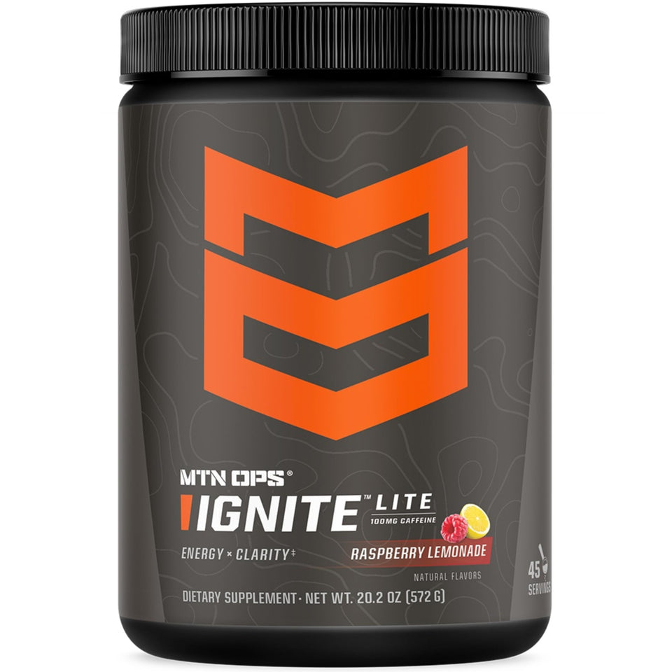 MTN OPS Ignite Lite Raspberry Lemonade powder ready to mix for energy