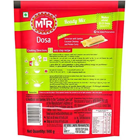 MTR Dosa Mix ingredient list highlights rice and dal for authentic flavor.