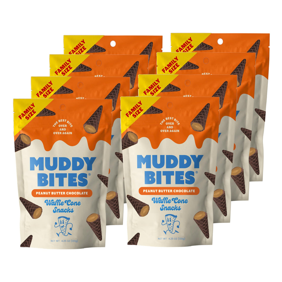 Muddy Bites bite-sized cone snack in bag for quick grab-and-go enjoyment.