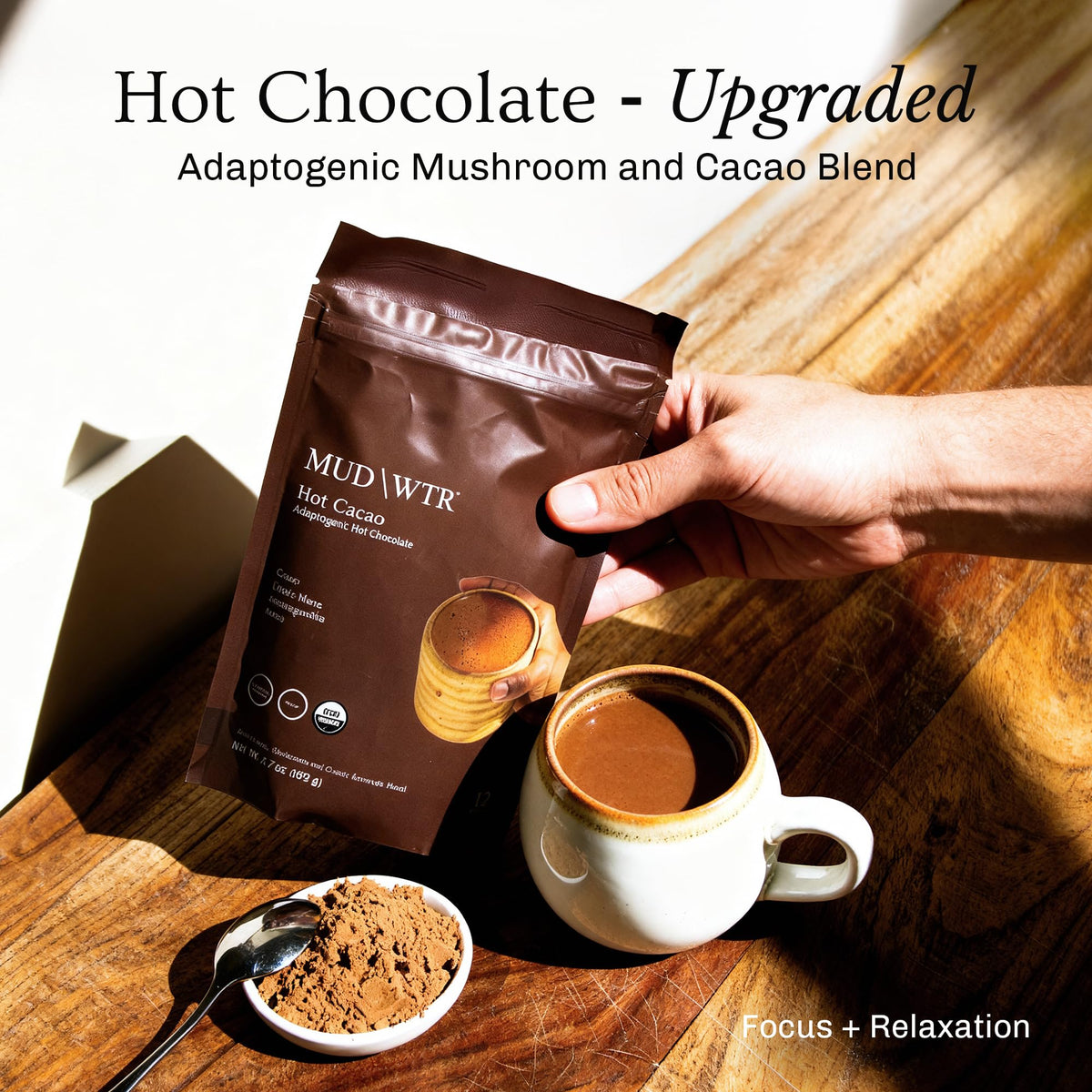MudWTR Hot Cacao mug steaming for a calm focus moment.