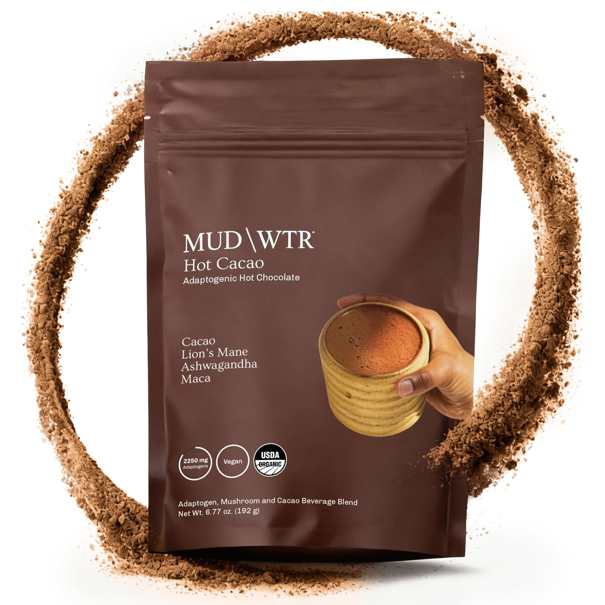 MudWTR Hot Cacao packaging bag shows organic cacao and adaptogens for a daily ritual.