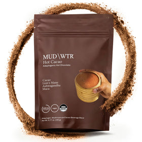 MudWTR Hot Cacao packaging bag shows organic cacao and adaptogens for a daily ritual.