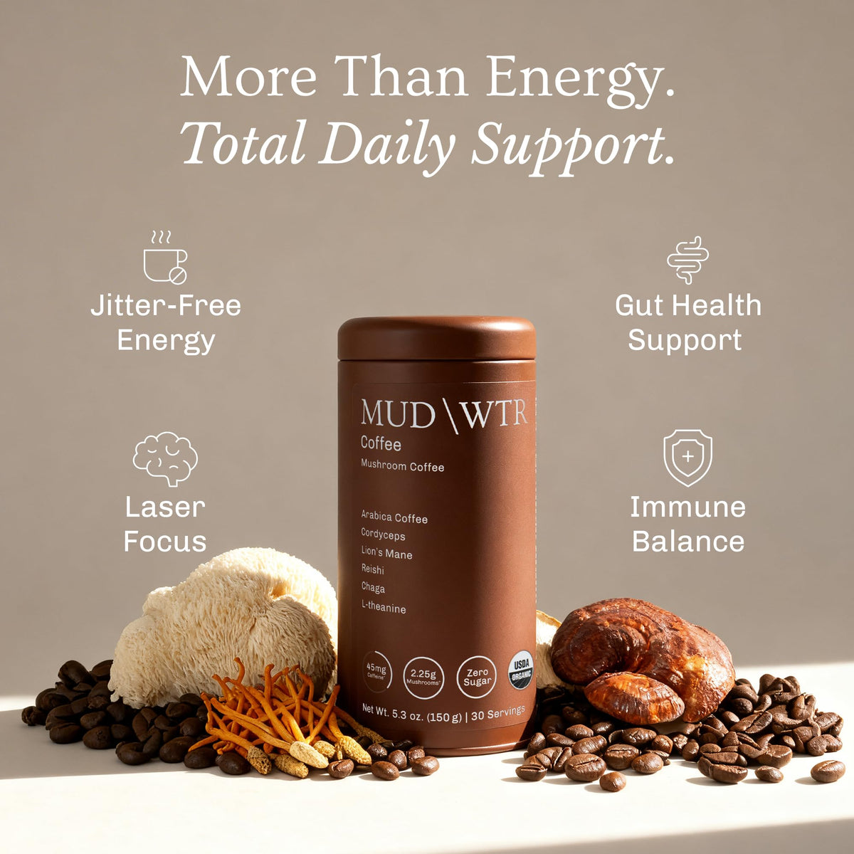 MUDWTR Real Arabica Mushroom Coffee ingredients label featuring organic mushrooms.