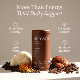 MUDWTR Real Arabica Mushroom Coffee ingredients label featuring organic mushrooms.