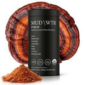 MUDWTR Original bottle label emphasizing organic ingredients and mushroom blend