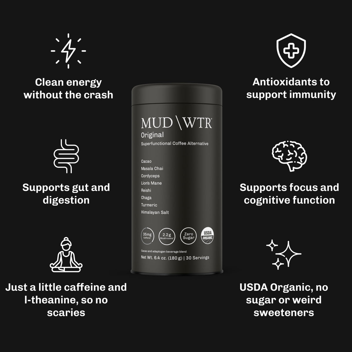 MUDWTR Original mug steaming with chai-inspired aroma for focus