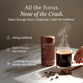 MUDWTR Real Arabica Mushroom Coffee cup with steam offering clean energy.